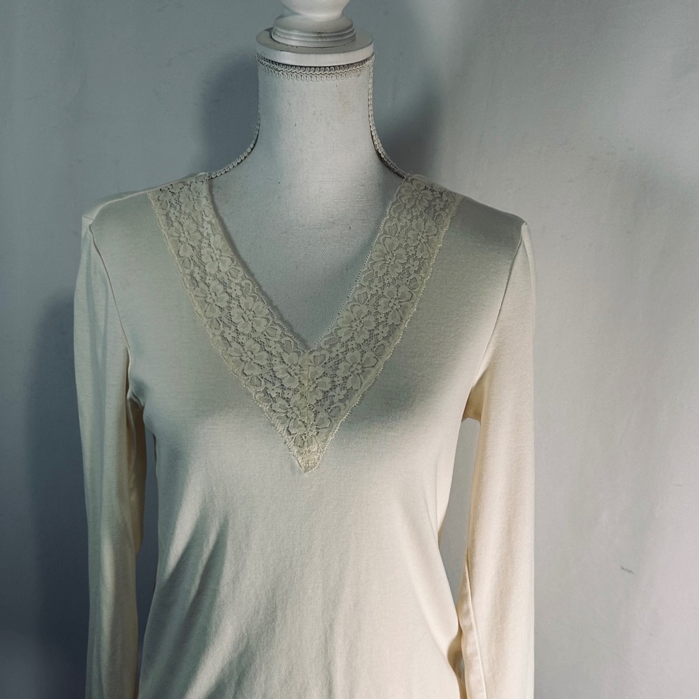 Chaps Womens Cream Ivory‎ Lace Trim V-Neck Long Sleeve 100% Cotton Top Size M - Picture 3 of 7